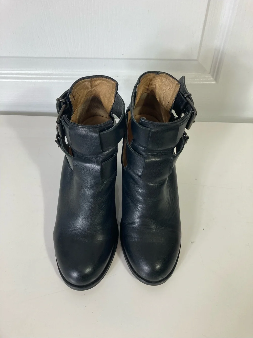OFFICE LONDON Boots EU 37/US 7 Black Leather 2-Straps Buckle Stack Block Heel